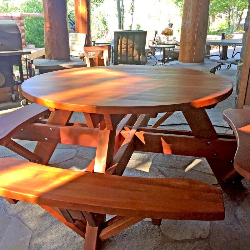 Round Wooden Picnic Table With Attached Benches Round Wooden Picnic Table with Attached Benches